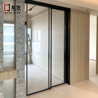 简约两联动口袋玻璃门内嵌无轨道门隐形吊轨推拉门厨房移门吊滑门