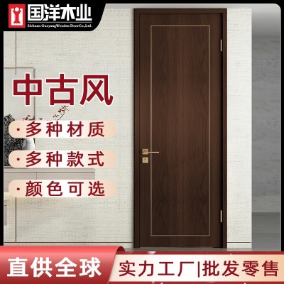 中式隔音平开门卧室门复古门中古风多层实木复合烤漆门工厂房间门图2