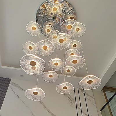 小复式楼客厅大吊灯荷叶loft公寓跃层挑高中空别墅楼梯长吊灯创意