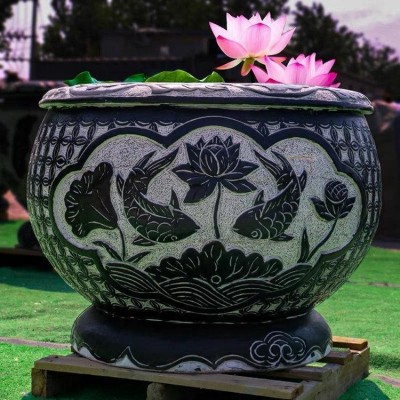 定制精品青石水缸 仿古石雕水钵花盆 青砂岩-夯林石材