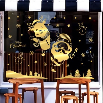 驯鹿老人画商场橱窗玻璃静电贴客厅卧室烫金拉丝装饰画圣诞节墙贴图3
