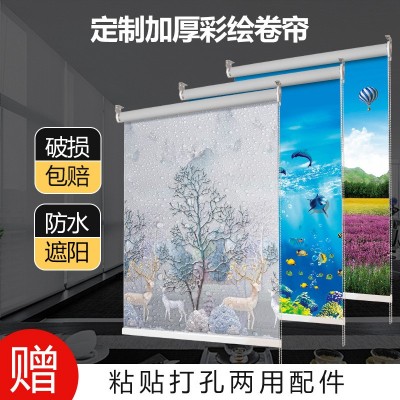 办公室遮光中式画电动卷帘卫生间浴室遮挡帘升降卷拉式窗帘定制