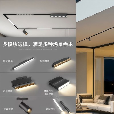 LED无主灯智能家用嵌入式暗装明装客厅照明预埋黑色48V磁吸轨道灯