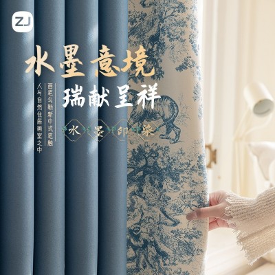 送高温定型美式复古花布丹麦丝绒加厚手绘高遮光窗帘窗纱客厅卧室