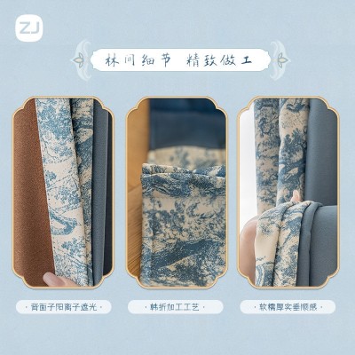 送高温定型美式复古花布丹麦丝绒加厚手绘高遮光窗帘窗纱客厅卧室图2