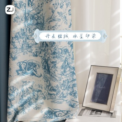 送高温定型美式复古花布丹麦丝绒加厚手绘高遮光窗帘窗纱客厅卧室图3
