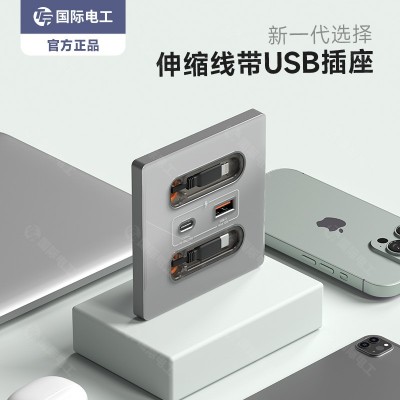 国际电工带伸缩线20W快充USB插座开关面板86型手机充电Type-c家用