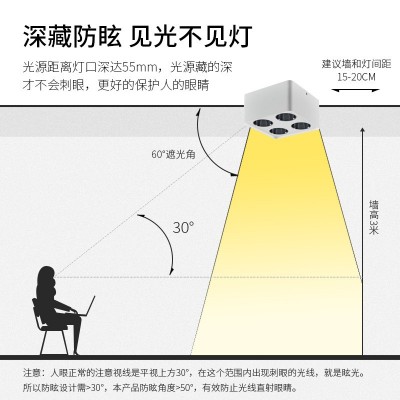 三棵松无主灯照明极简方形盒子四头斗胆灯LED格栅灯明装吸顶射灯图3