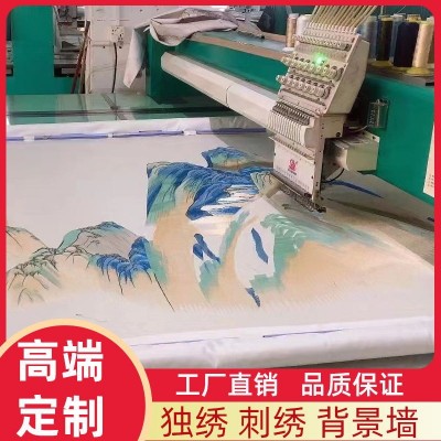 新中式水墨山水花鸟电视刺绣背景墙卧室客厅床头独绣墙布防污墙布