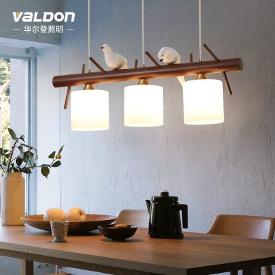 个性网红餐厅灯胡桃木色三头小鸟创意led简约饭厅吊灯实木吧台灯