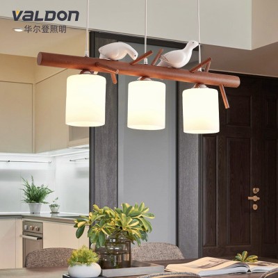 个性网红餐厅灯胡桃木色三头小鸟创意led简约饭厅吊灯实木吧台灯图3