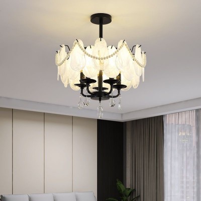 新款美式复古田园客厅吊灯餐厅卧室玄关玻璃贝壳羽毛珍珠黑色吊灯图2