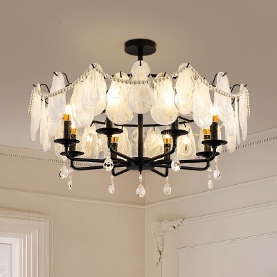 新款美式复古田园客厅吊灯餐厅卧室玄关玻璃贝壳羽毛珍珠黑色吊灯