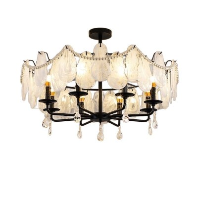 新款美式复古田园客厅吊灯餐厅卧室玄关玻璃贝壳羽毛珍珠黑色吊灯图5