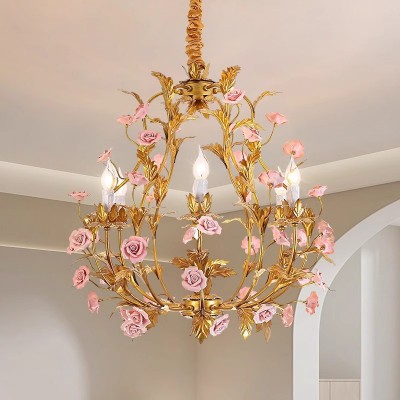 美式吊灯复古田园设计师餐厅书房法式奶油风白色陶瓷玫瑰花卧室灯图3