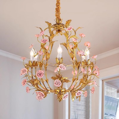 美式吊灯复古田园设计师餐厅书房法式奶油风白色陶瓷玫瑰花卧室灯