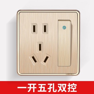 拉丝电镀香槟金 一开五孔双控插座墙壁开关厂家新款 批发 86 暗装图2