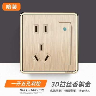 拉丝电镀香槟金 一开五孔双控插座墙壁开关厂家新款 批发 86 暗装