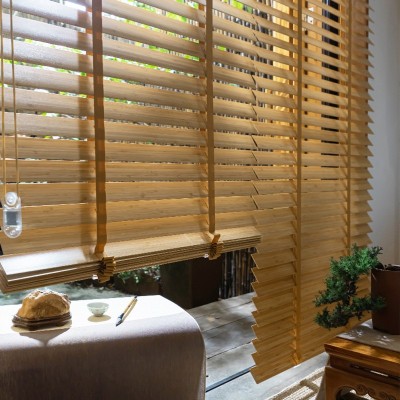 竹百叶实木窗帘中式百叶窗茶室书房餐厅遮阳遮光电动升降卷帘厂家图2