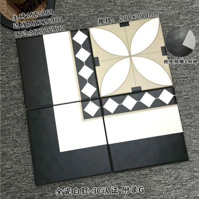 中古风焦糖色200小花砖法式复古风卫生间浴室厨房黑白波导线地砖图3