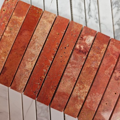佛山厂家天然红洞石材长条马赛克民宿酒店餐厅咖啡吧台庭院背景砖图3