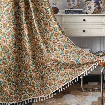 乐轩秀成品窗帘批发提花向日葵免打孔卧室半遮光棉麻飘窗帘厂家