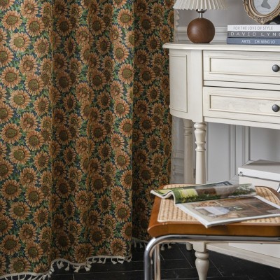 乐轩秀成品窗帘批发提花向日葵免打孔卧室半遮光棉麻飘窗帘厂家图3