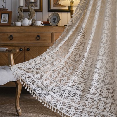 乐轩秀外贸窗帘批发北欧ins米色镂空菱形格子婚庆客厅卧室窗帘布图3