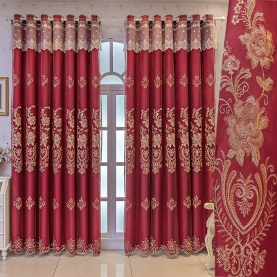 高档喜庆红色绣花窗纱窗帘双层一体遮光布料成品卧室客厅阳台落地图2