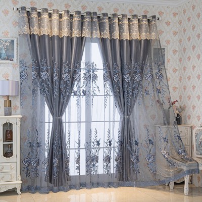新款遮光窗帘布卧室北欧简约客厅阳台大气双层绣花窗纱一体落地图5