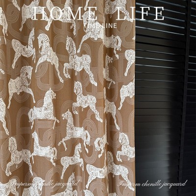 皇家马匹雪尼尔提花窗帘门帘小麦色奶油透光落地许村窗帘布料整批