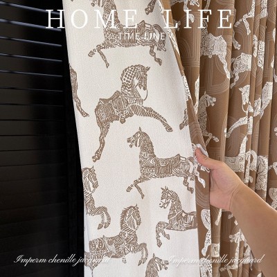 皇家马匹雪尼尔提花窗帘门帘小麦色奶油透光落地许村窗帘布料整批图2