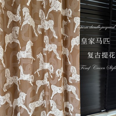 皇家马匹雪尼尔提花窗帘门帘小麦色奶油透光落地许村窗帘布料整批图4