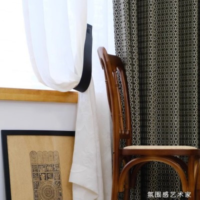 法式南洋中古风窗帘客厅卧室高级感肌理几何复古绿雪尼尔新款成品图3