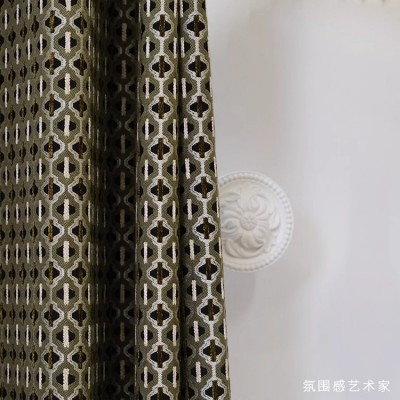 法式南洋中古风窗帘客厅卧室高级感肌理几何复古绿雪尼尔新款成品
