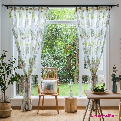 厂家批发北欧风ins现代简约植物蕨叶棉麻窗帘布印花窗纱纱帘面料图2