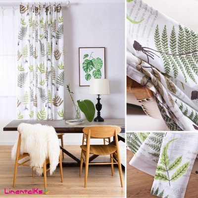 厂家批发北欧风ins现代简约植物蕨叶棉麻窗帘布印花窗纱纱帘面料图3