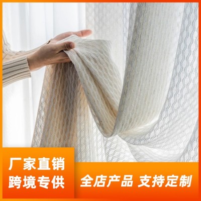 亚马逊速卖通跨境专供法式刺绣米色窗帘纱客厅阳台飘窗窗帘