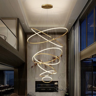 复式楼客厅大吊灯不锈钢轻奢简约别墅loft公寓跃层楼梯间圆环形灯图2