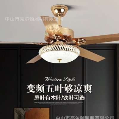 家用大风轻奢风扇灯金色欧式餐厅客厅电风扇铁叶变频一体式吊扇灯图2