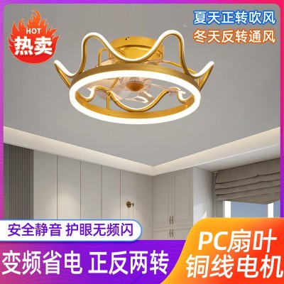 卧室吸顶风扇灯2023年新款皇冠儿童房女孩网红电扇一体吸顶灯风扇