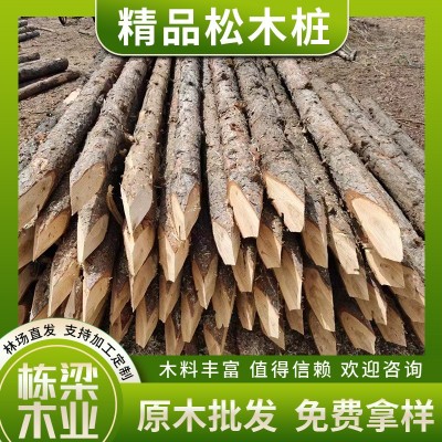 精品松木桩原木景观装修工地河堤防汛用削尖打桩木桩厂家现货直发