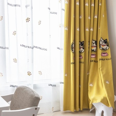 清仓北欧黄色卡通幼儿园棉麻绣花遮光布料窗帘成品儿童房卧室窗纱图3