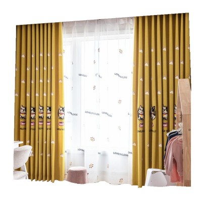 清仓北欧黄色卡通幼儿园棉麻绣花遮光布料窗帘成品儿童房卧室窗纱图4