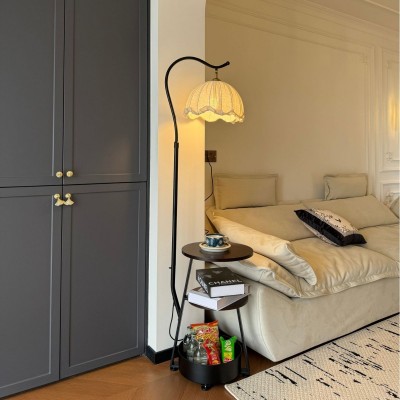 中古风客厅落地灯沙发旁边小型边几置物架法式卧室床头柜一体台灯图5