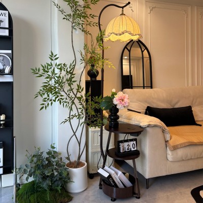 中古风客厅落地灯沙发旁边小型边几置物架法式卧室床头柜一体台灯