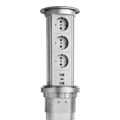 欧标智能升降桌面插座德插无线充USB2A+C快充蓝牙音响15A银色250V